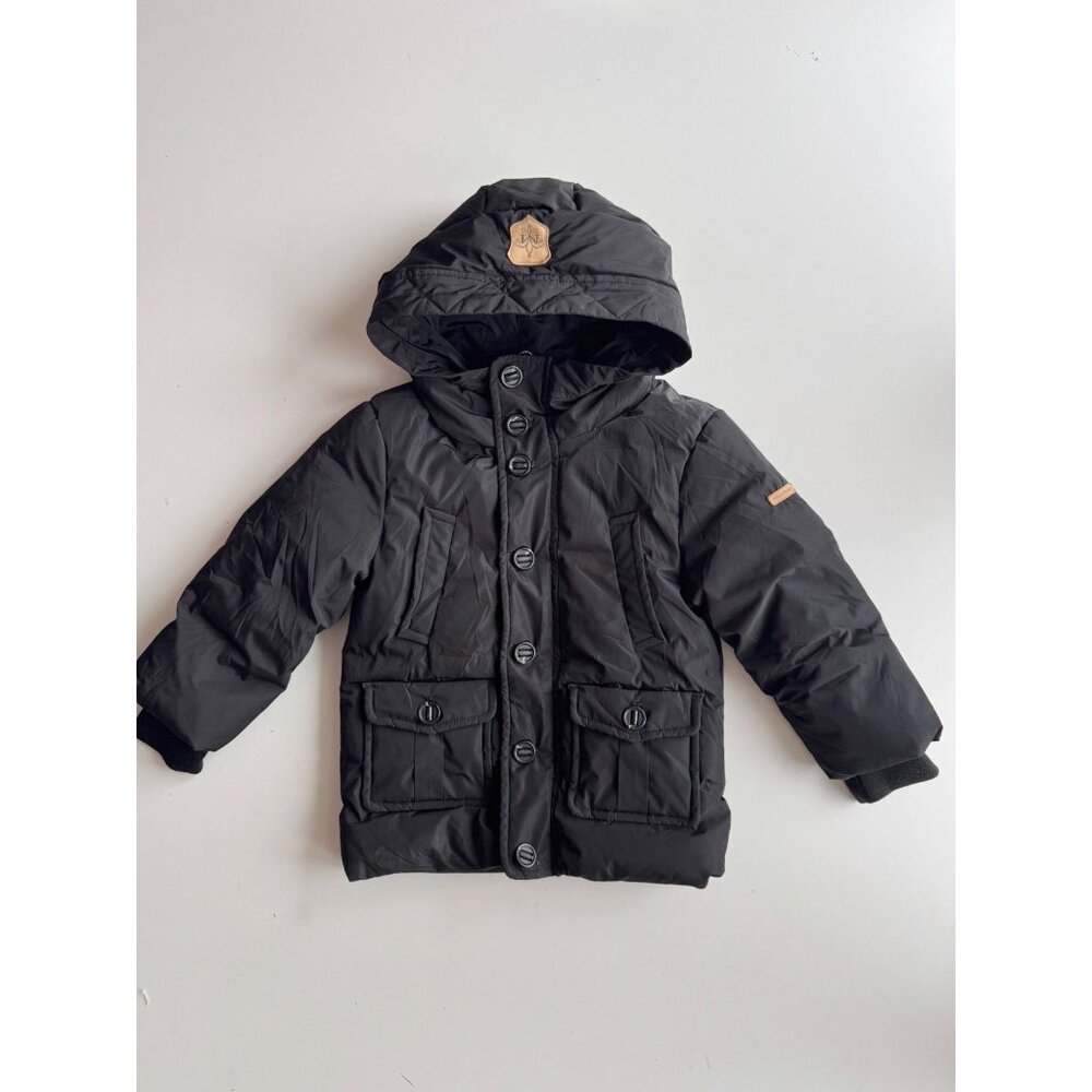Baby MACKAGE Black Nylon Goose Down Fill Leather Trim Hooded Parka, Size 2